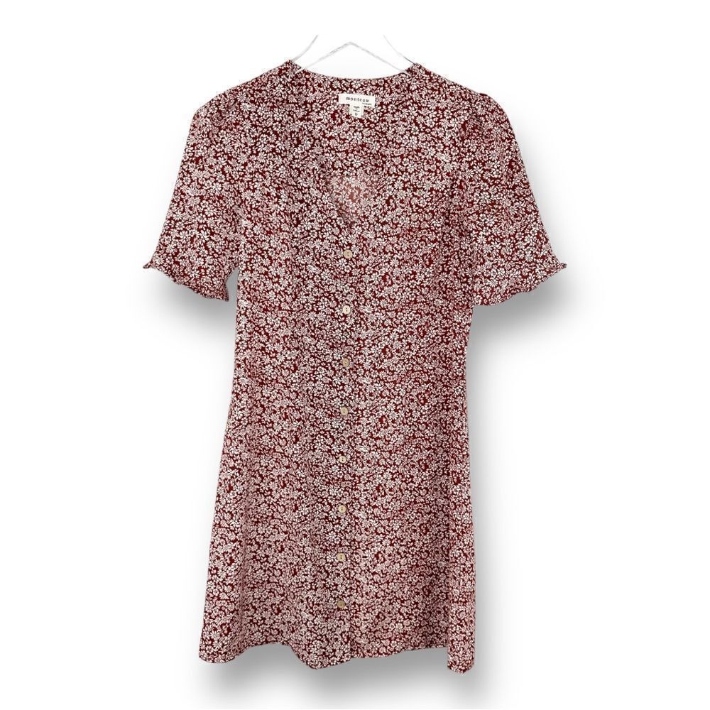 Montreal Rust Colored Patterned Button Up Ruffle Short Sleeve Peasant Dress